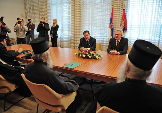 Beograd 13.2.2013. - Predsednik Nikolić i premijer Ivica Dačić sa Njegovom Svetosti patrijarhom srpskim Irinejem.